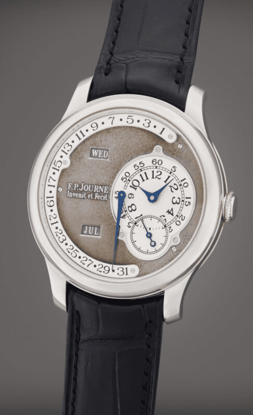 F.P. Journe Octa Calendrier in 950 platinum with ruthenium silver dial showing retrograde date, day and month apertures — calibre 1300.3