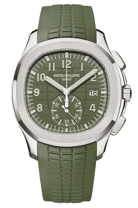 Patek Philippe Aquanaut Chronograph 5968G-010 in 18k white gold with khaki green embossed dial on composite strap — calibre CH 28-520 C flyback