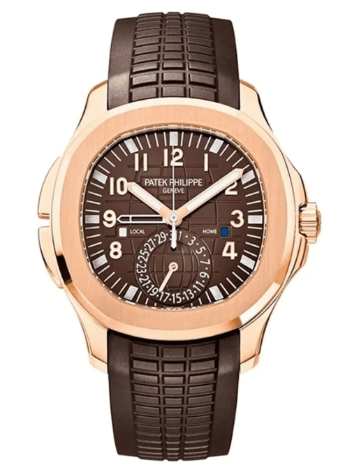 Patek Philippe Aquanaut Travel Time 5164R-001 in 18k rose gold with chocolate brown embossed dial showing dual-time and day/night indicators — calibre 324 S C FUS