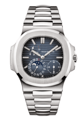 Patek Philippe Nautilus 5712/1A-001 Moonphase with blue-grey embossed dial showing power reserve, pointer date, sub-second and moonphase — calibre 240 micro-rotor