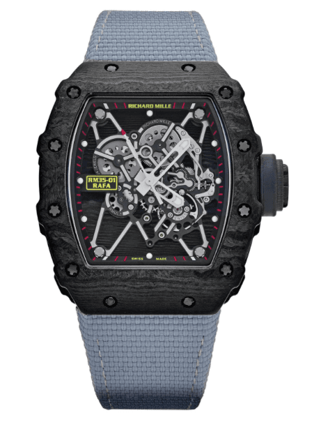 Richard Mille RM 35-01 Rafael Nadal in Carbon TPT with skeletonised dial and blue-grey woven strap — calibre RMUL3 manual